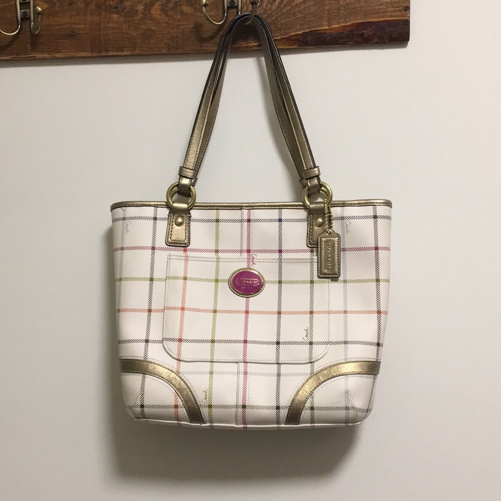 Coach Heritage Cream Leather Tattersall Tote